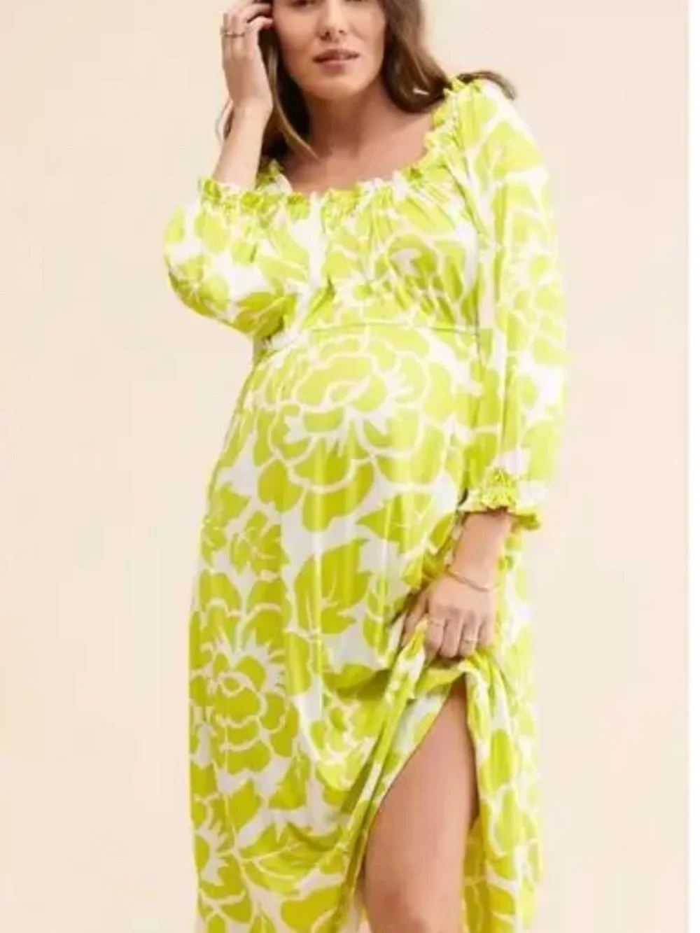 Hutch maternity off shoulder Lime and White Floral Midi Dress 38415
